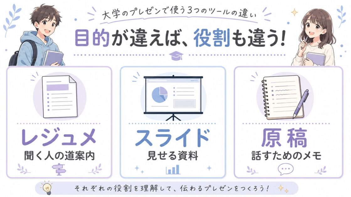 大学発表で使うレジュメ・スライド・原稿の役割の違いを示した図