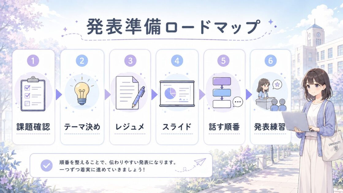 大学発表の準備を課題確認から発表練習まで順番に示したロードマップ