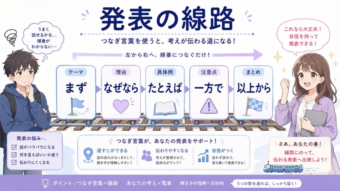 大学発表で全文暗記ではなく接続語を使って話の流れを作る方法を示した図