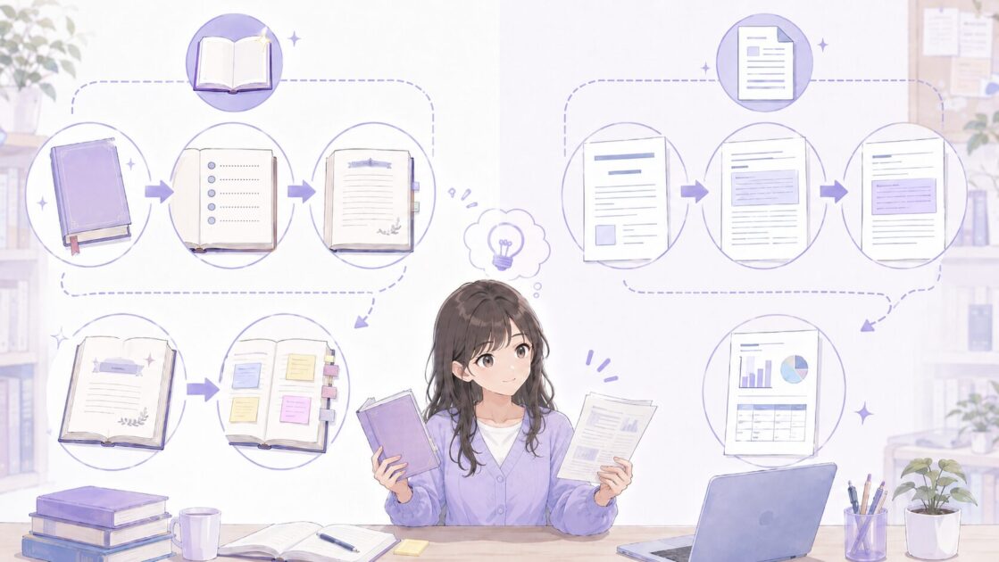 大学レポートで本は目次から、論文は要旨から読む順番を比較した図