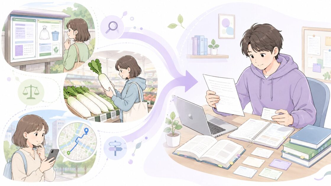 ゴミ出し当番や買い物など日常の確認行動と大学レポートの資料集めをつなげて示す図