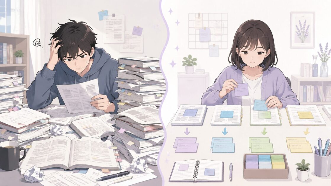 健太と恵子が同じ資料を異なる方法で扱う様子を比較した図