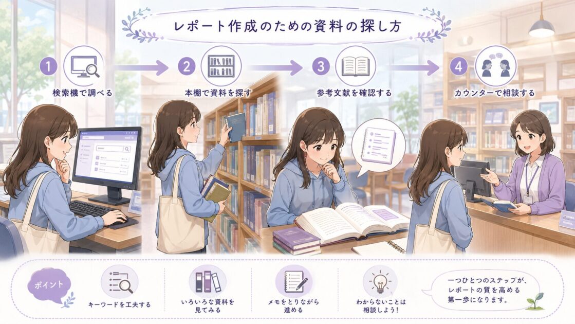 大学図書館でキーワード検索・棚確認・参考文献リスト確認・相談窓口へ進む流れを示す図