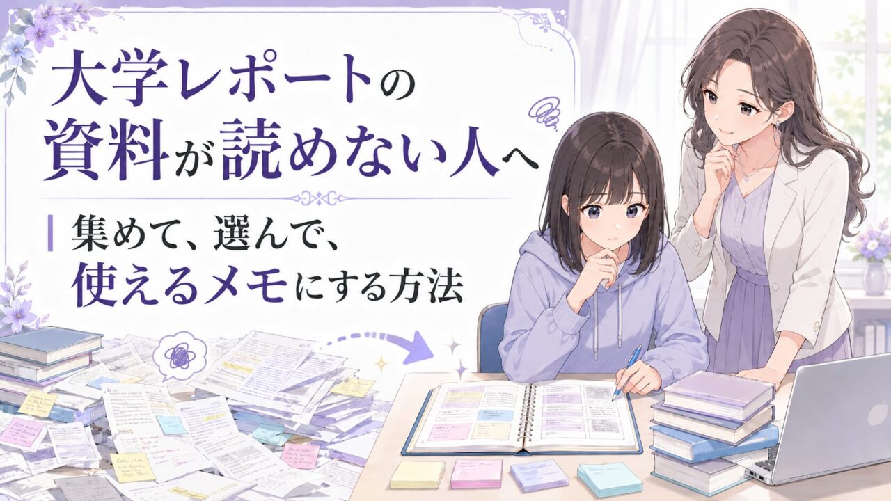 大学レポートの資料が読めない人へ向けて、資料を集めて選び使えるメモに整理する流れを示すアイキャッチ