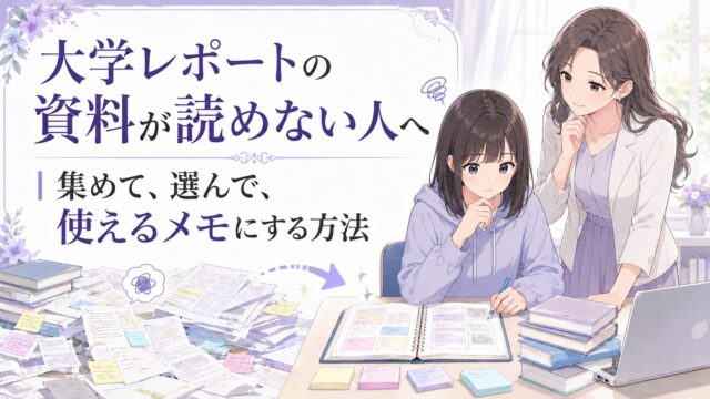 大学レポートの資料が読めない人へ向けて、資料を集めて選び使えるメモに整理する流れを示すアイキャッチ