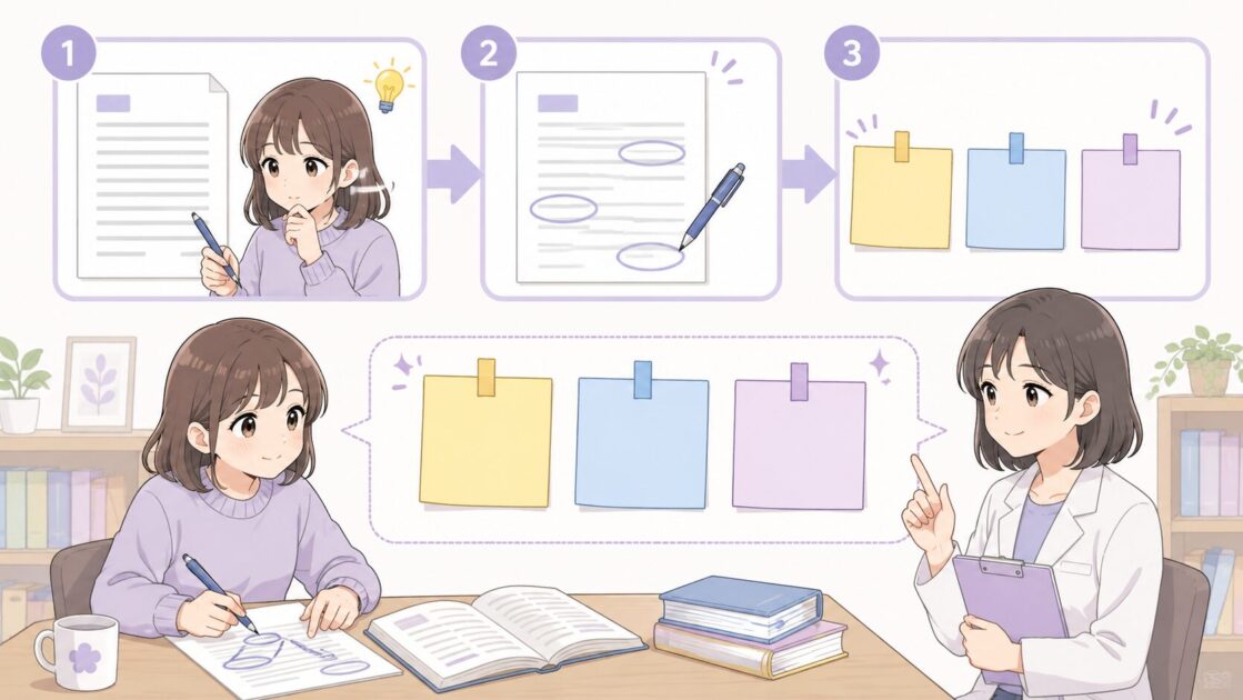 大学レポートの課題文から資料探しに使うキーワードを3つ作る手順を示す図
