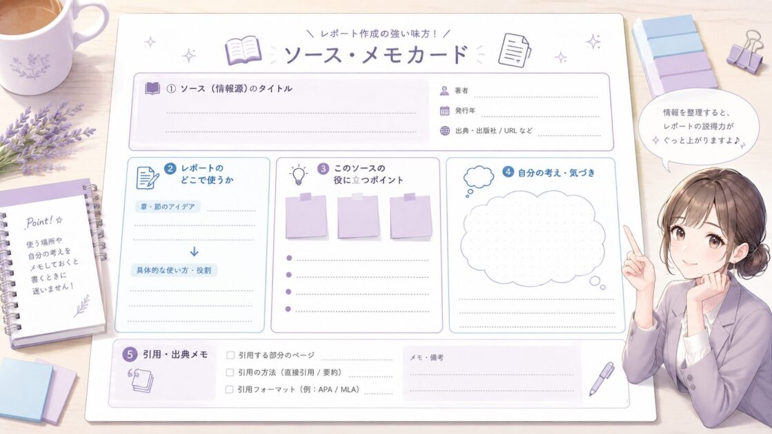 大学レポートの資料名・使う場所・自分の考え・出典を整理するもこあい式資料メモカード