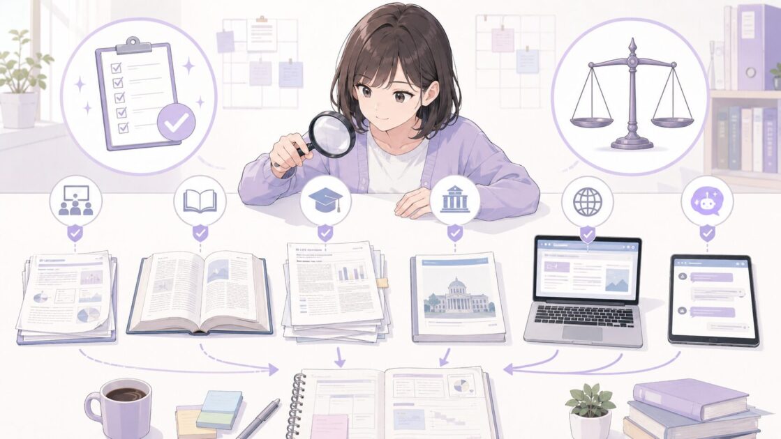 大学レポートで授業資料・本・論文・公的資料・Web情報・AI回答の信頼度を確認する図