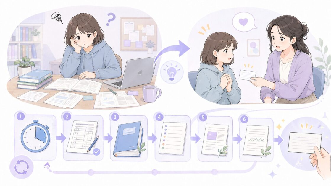 大学レポートの資料が読めないときに課題文・タイトル・目次・要旨・結論へ戻る5分復帰手順