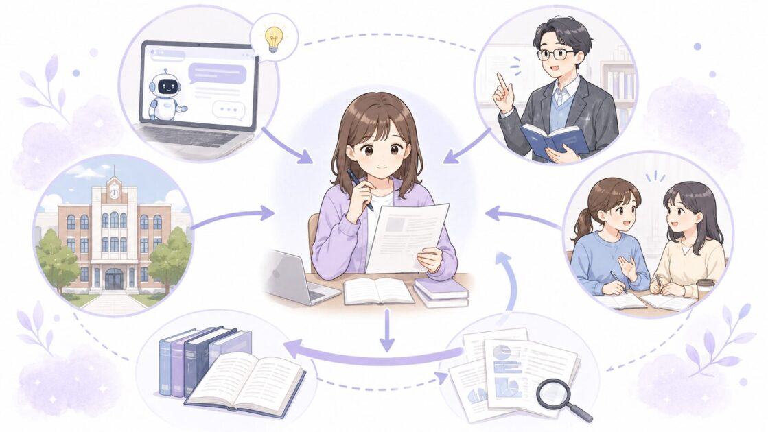 大学レポートの資料集めでAI・先生・友人・図書館をどう使い分けるかを示す図