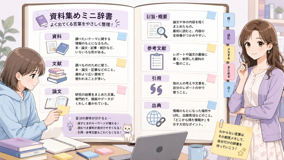 大学レポートの資料集めで使う資料・文献・論文・引用などの基本用語を整理したミニ辞書