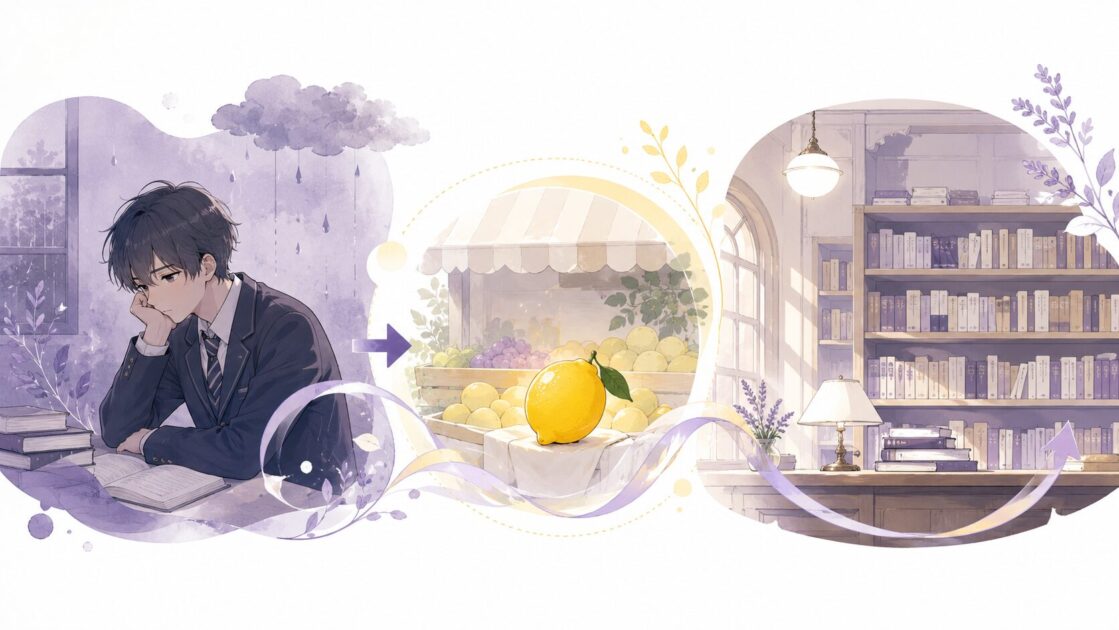梶井基次郎『檸檬』の主人公が不安を抱えながら檸檬を買い丸善に置く流れを示す図