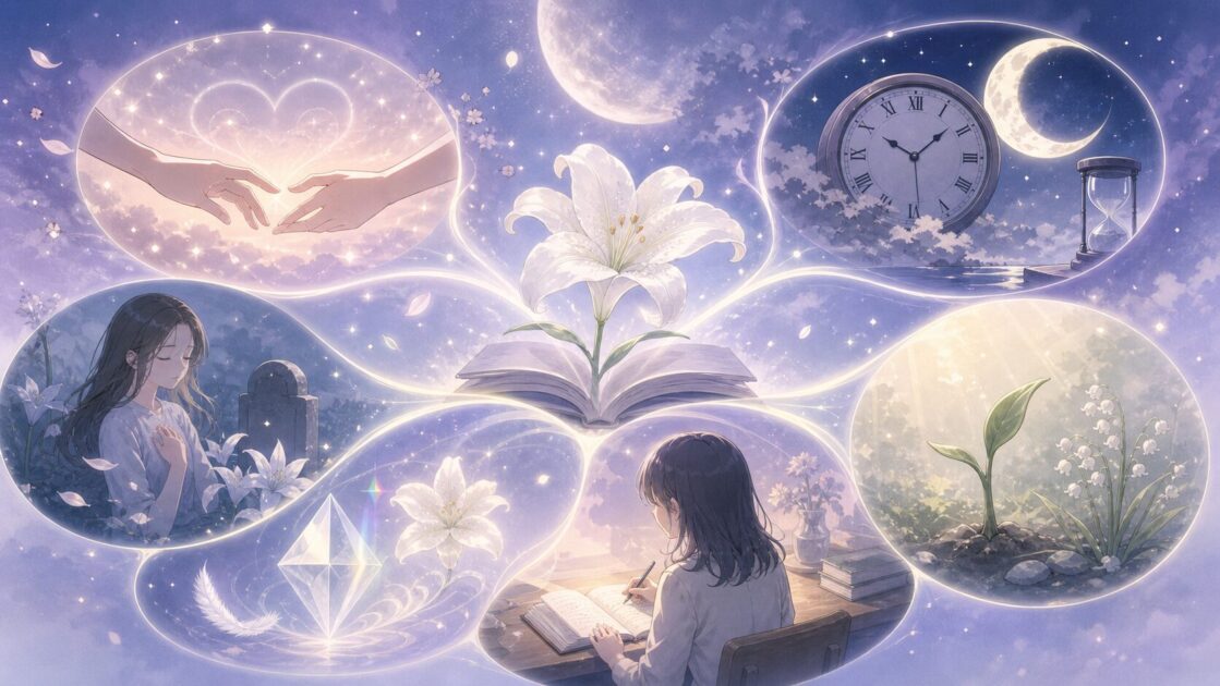 夢十夜第一夜の感想文を愛と時間と死と再生と象徴と読者自身の五つの視点で広げる図