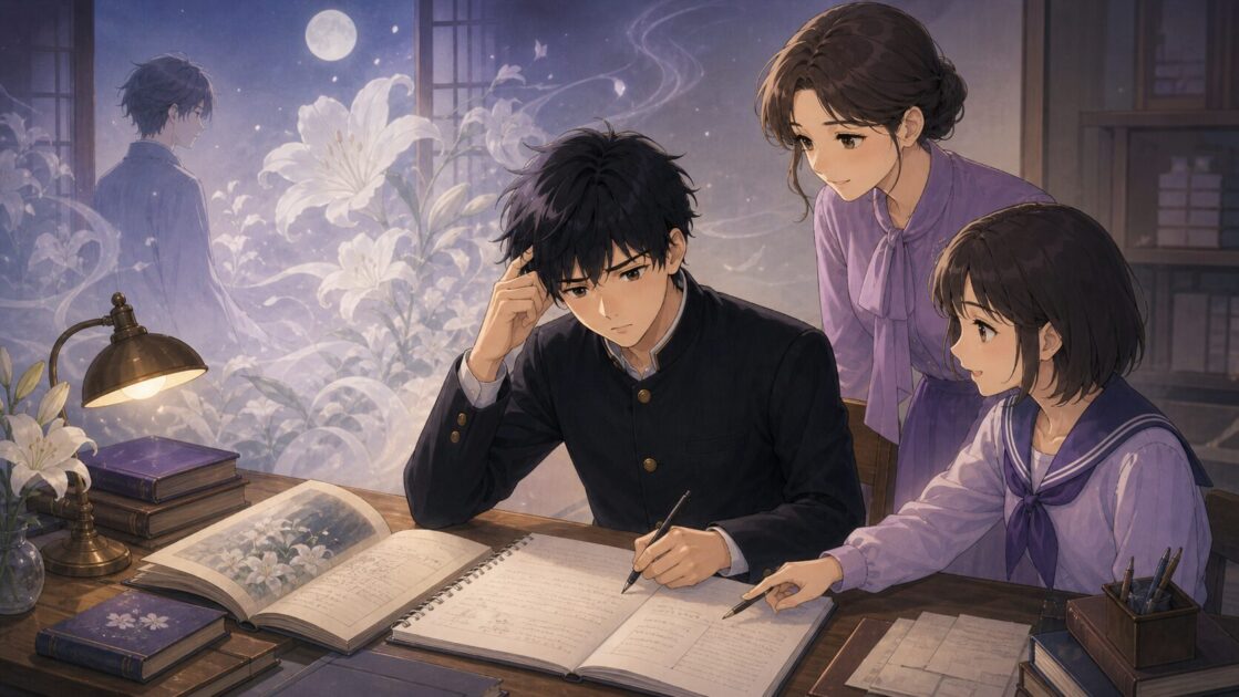 健太が夢十夜第一夜の白い百合を見てよく分からないけど美しいという直感を感想文に変えている場面