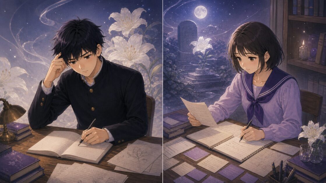 健太と恵子が夢十夜第一夜の感想文をそれぞれ違う視点で書いている比較場面