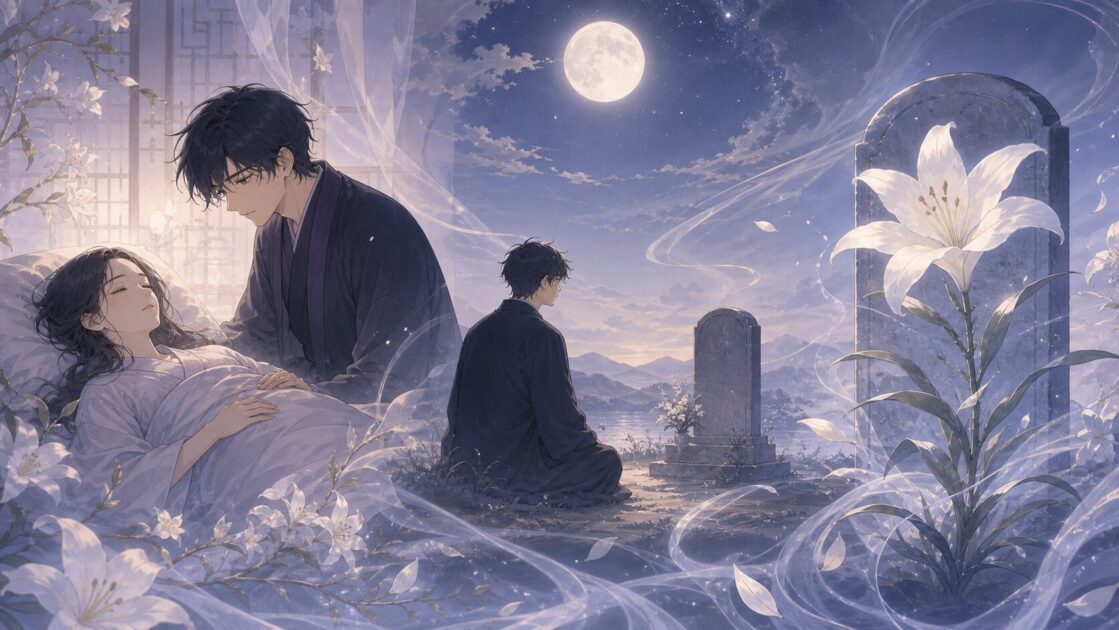 夢十夜第一夜の女の死と百年待つ約束と白い百合の流れを示すあらすじ整理の挿絵