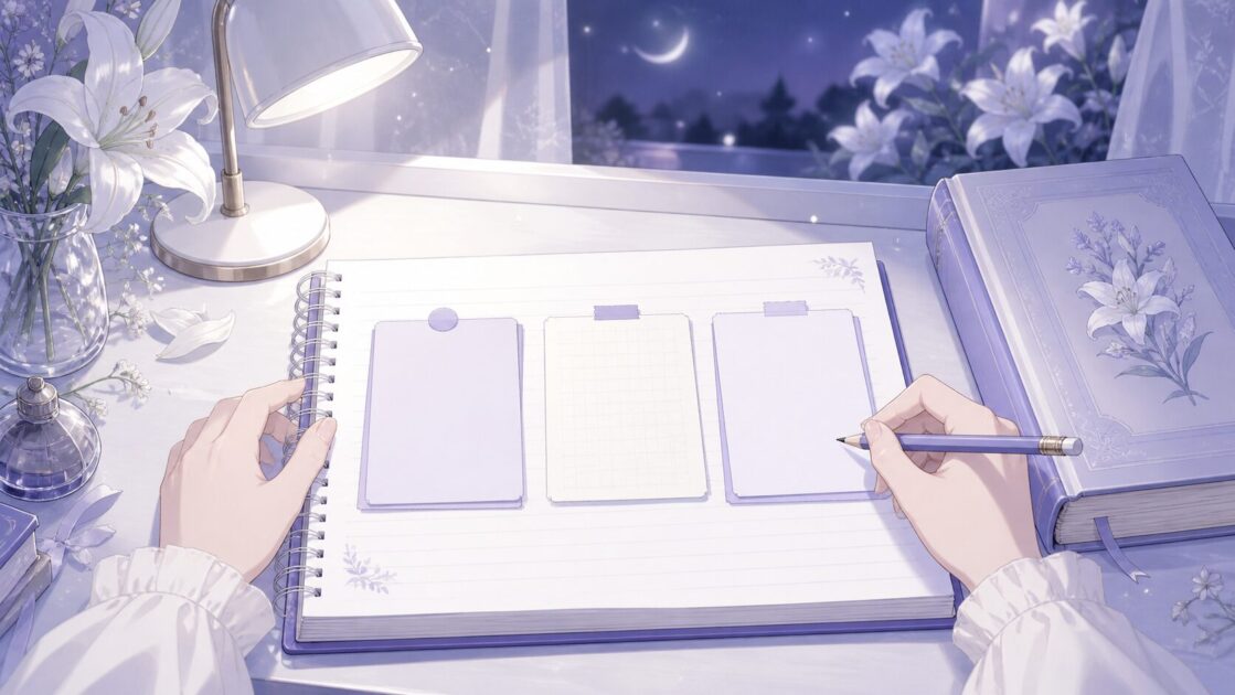 夢十夜第一夜の感想文を書くために印象に残った場面と気持ちと考えを三つのメモに整理している場面
