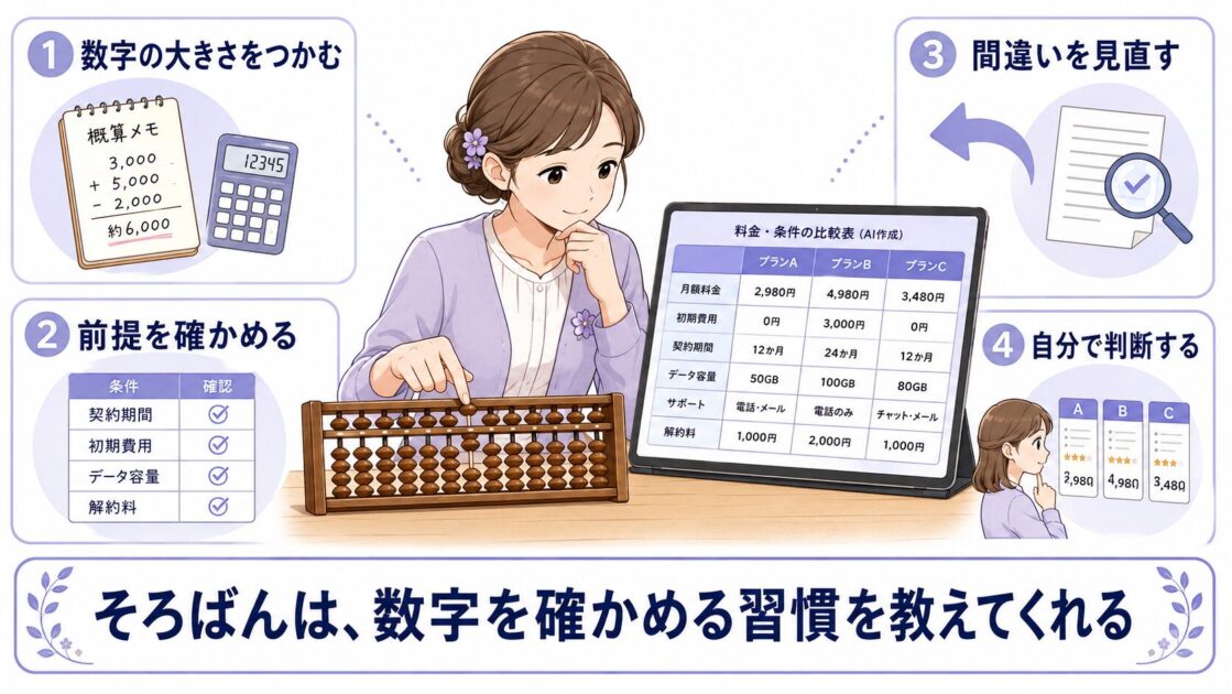 そろばんで数字の動きを確かめることと、AIの比較表を確認することをつなげた図