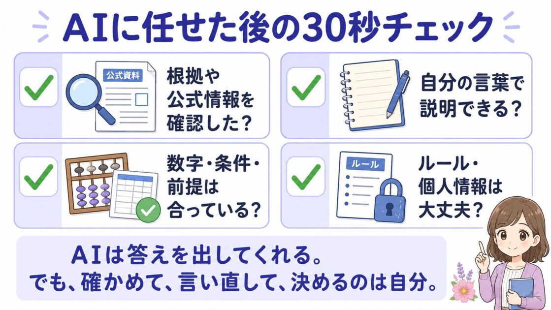 AIに任せた後に根拠、自分の言葉、数字と前提、利用ルールを確認する30秒チェック