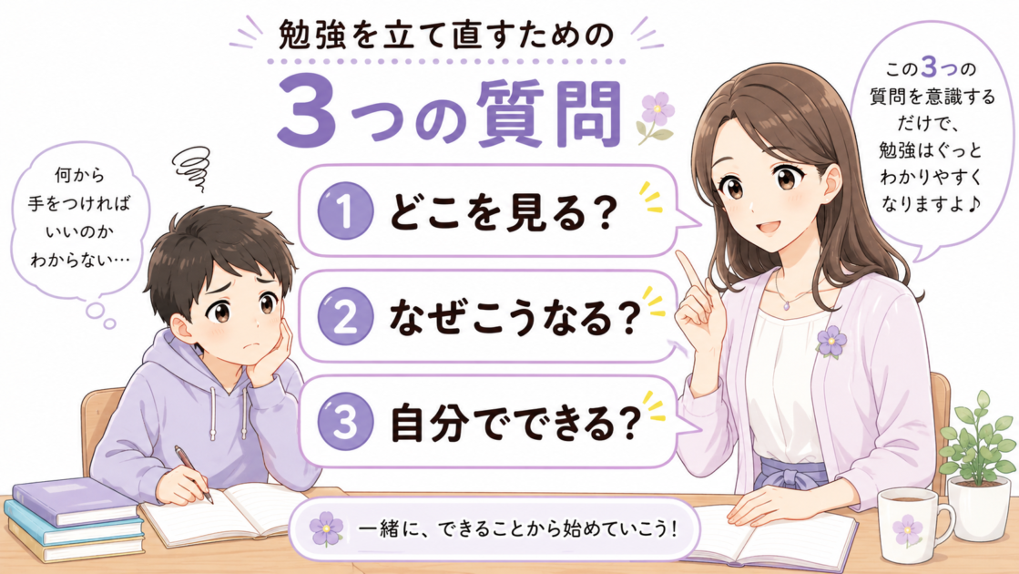 AIの答えを読んでも自分で解けない人向けに、3つの質問をもこあい先生が紹介している挿絵