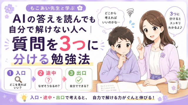 AIの答えを読んでも自分で解けない人向けに、入口・途中・出口の3つの質問を紹介するアイキャッチ画像