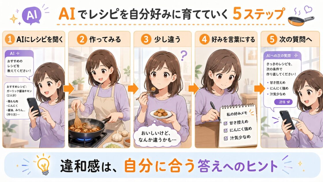 AIに聞いた料理を作り、味の違和感に気づき、自分の好みを言葉にして次の質問を変える流れを示した図
