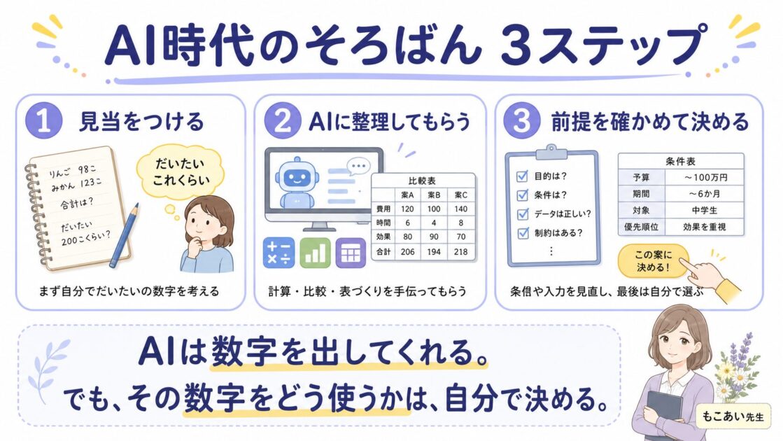 AI時代のそろばんとして、見当をつける、AIに整理してもらう、前提を確かめて決める3ステップ