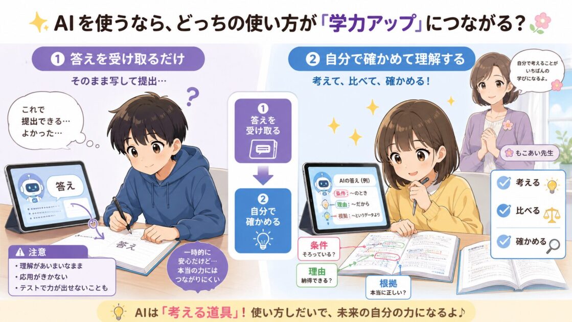 AIで宿題をするときに、答えを写して終わる場合と、自分で考え直して学びに変える場合の違いを示した図