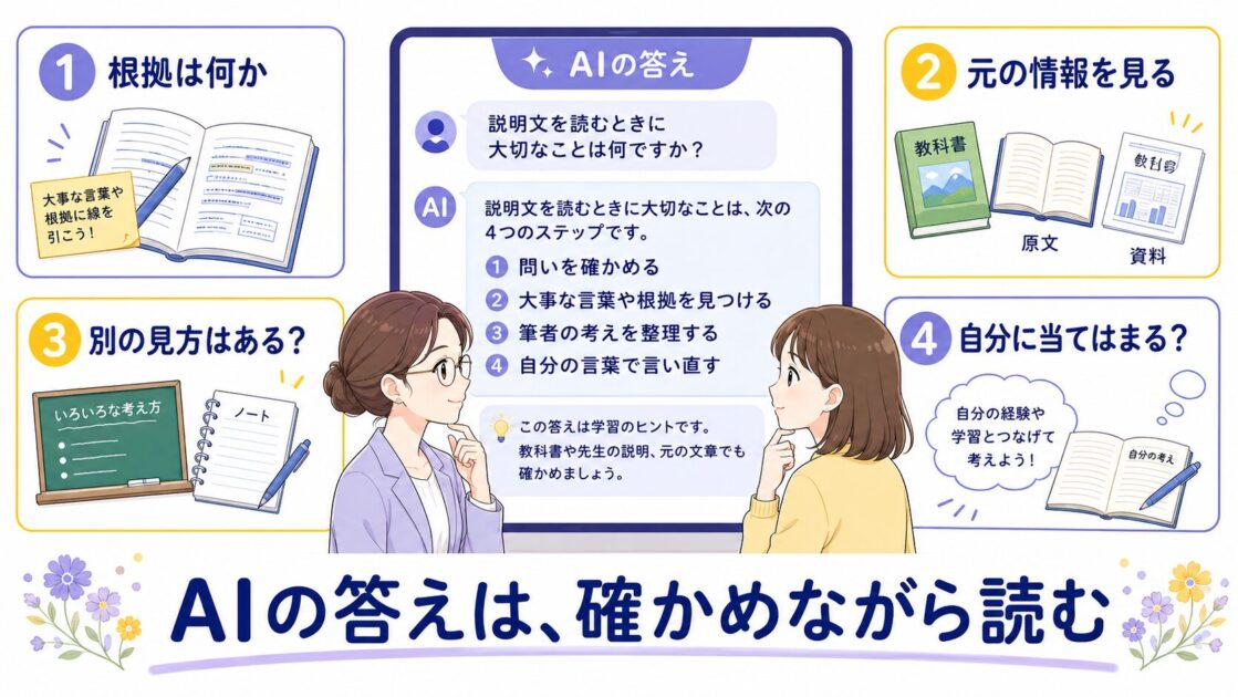 AIの答えを読むときに、根拠、元の情報、別の見方、自分との関係を確認する4ステップ図