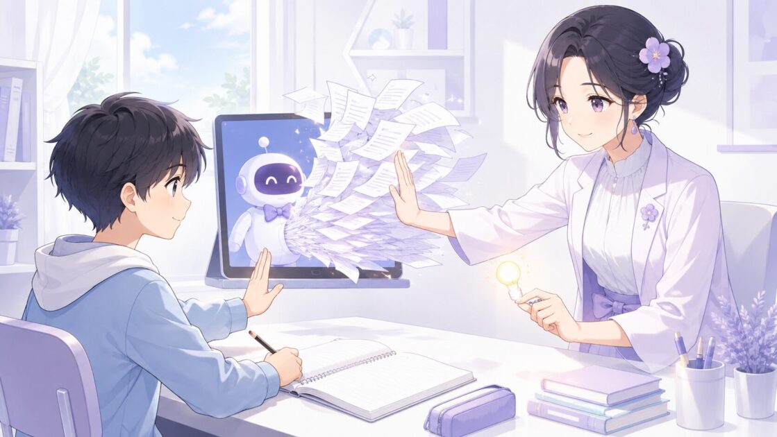 AIに答えをすぐ出させずヒントや見る場所を聞くことで自分で考える時間を残す図