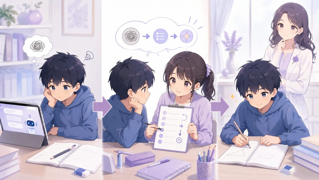 AIの答えを読んでも自分で解けない健太が恵子の助言で質問を変えて解き直す流れを示す図