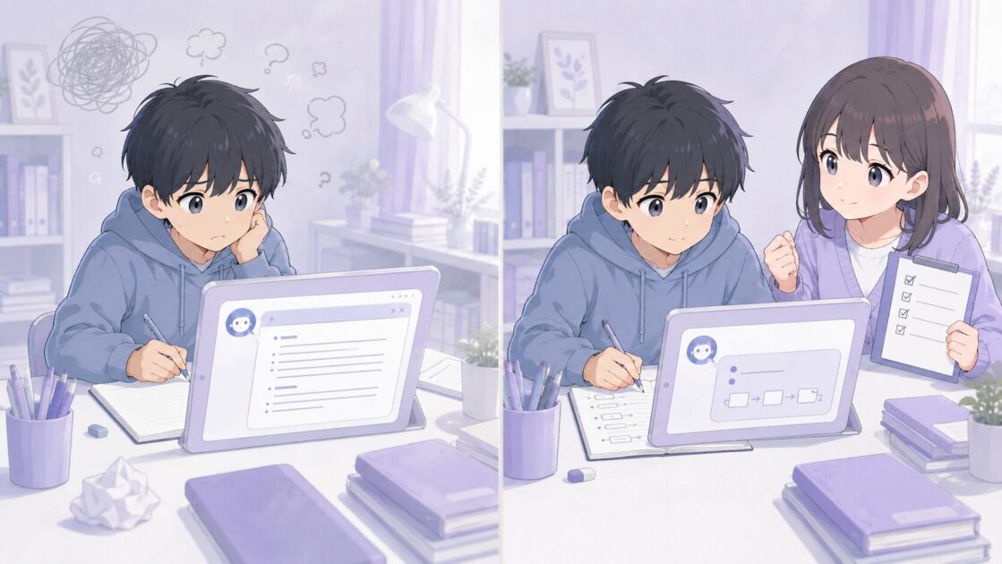 AIに答えだけを聞く質問と自分で解けるようにする質問を比べたAI勉強法の比較図