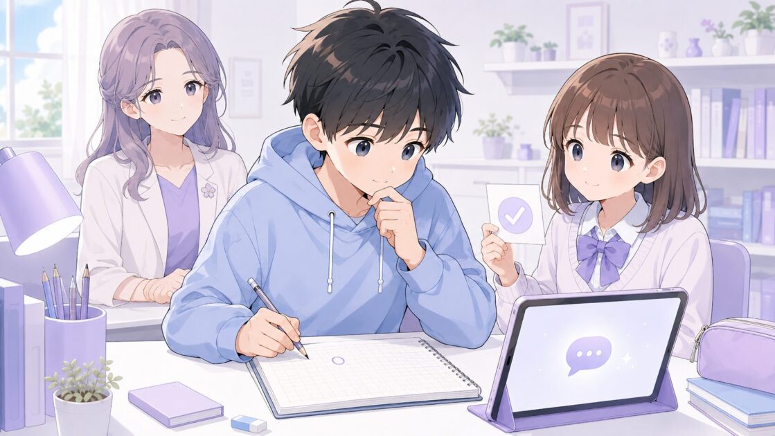 AIの説明を読んだあとに似た問題を1問だけ解いて自分で考える力を確認する図
