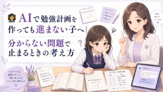 AIで勉強計画を作っても分からない問題で止まる子に、もこあい先生が質問の考え方を示しているアイキャッチ