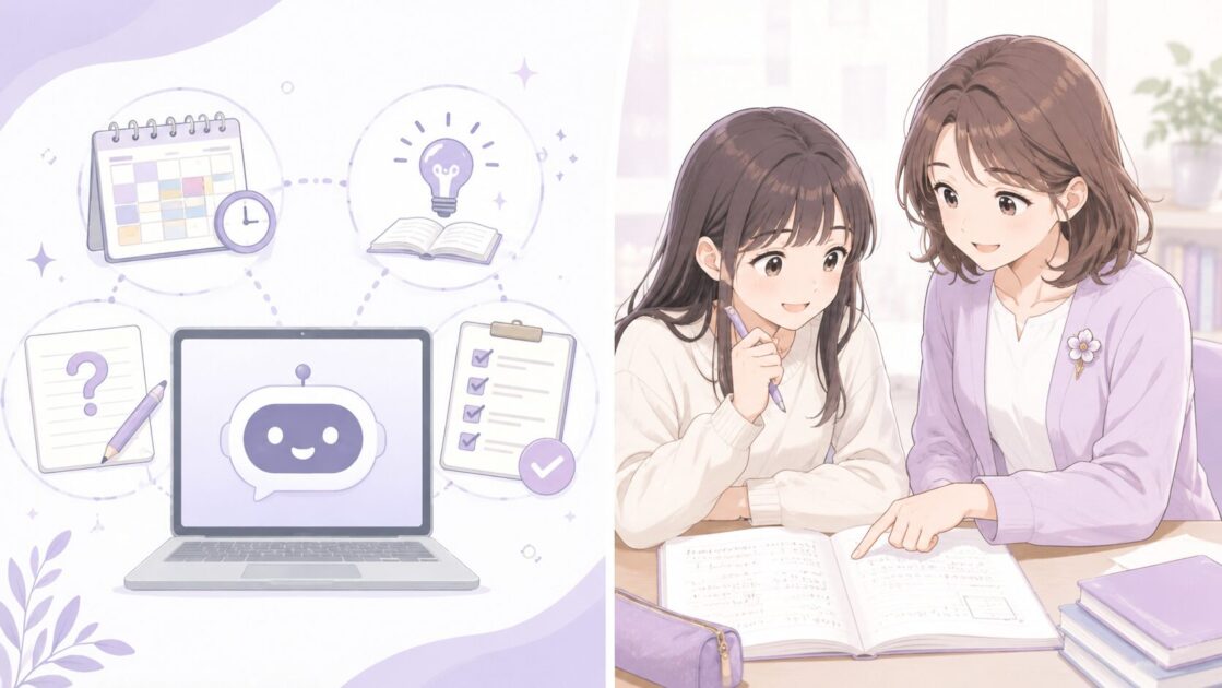 AIでできる勉強サポートと人に助けてもらう場面の違いを整理した比較図