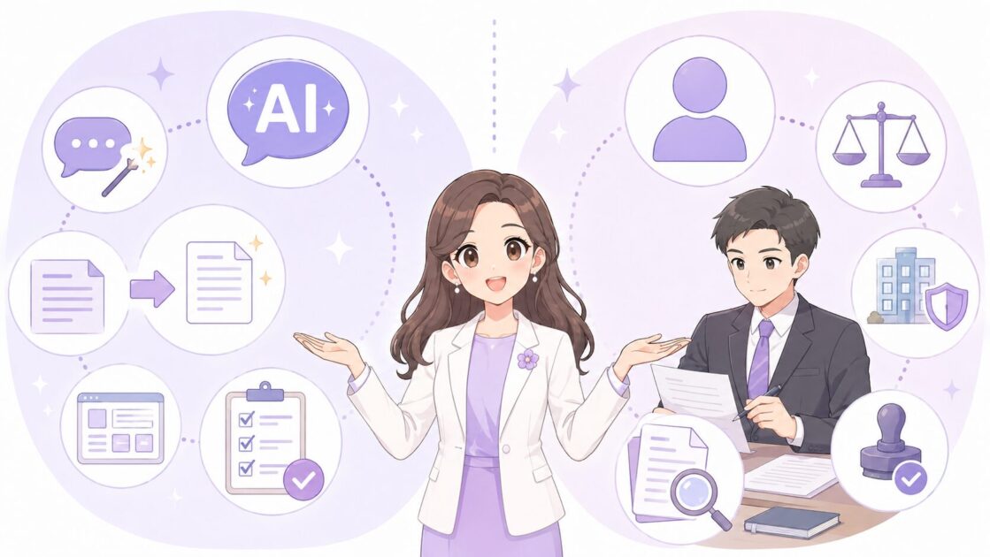 AIに聞きやすいことと人に確認すべきことを分けて示す仕事AI利用の図