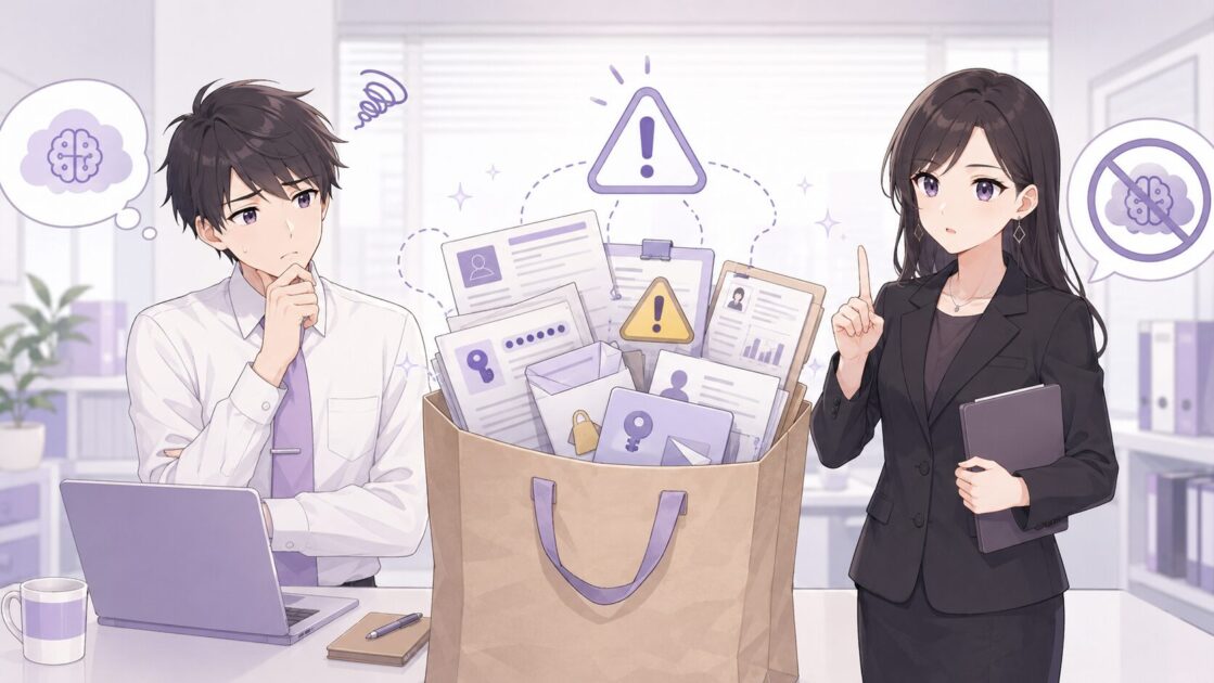 引継ぎメモに顧客情報や社内ノウハウやパスワードが混ざりやすい危険性を示す図