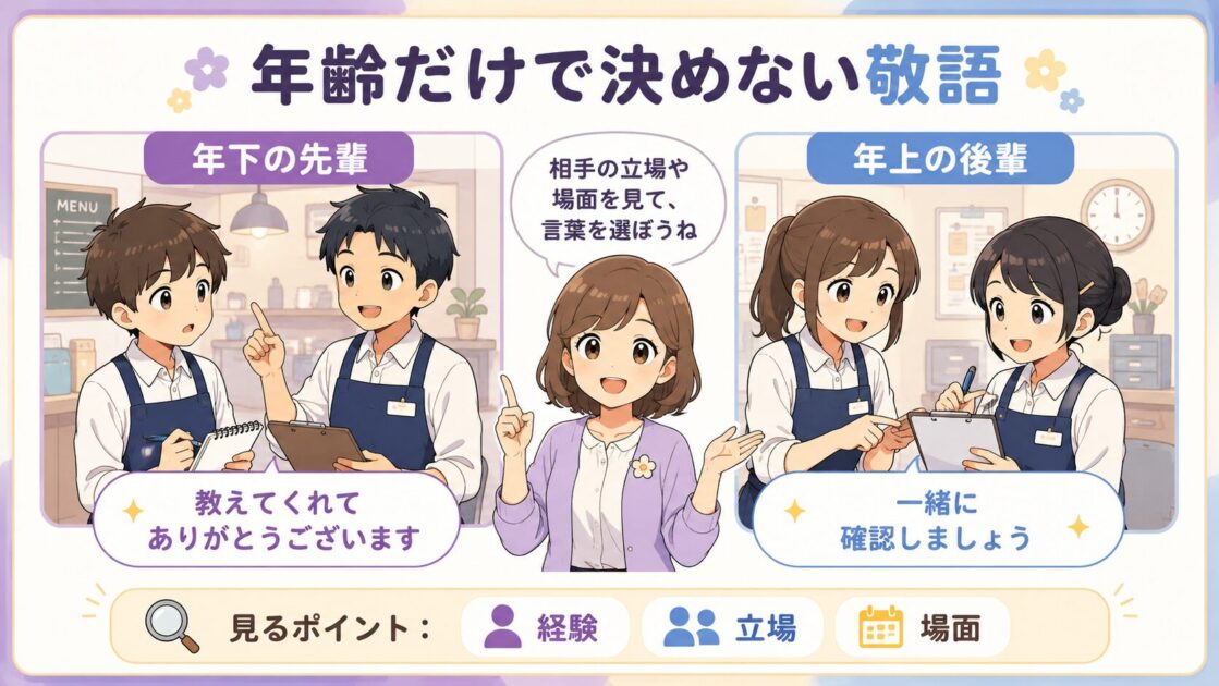 年下の先輩や年上の後輩など年齢と立場が逆になるバイト先の敬語を説明する図