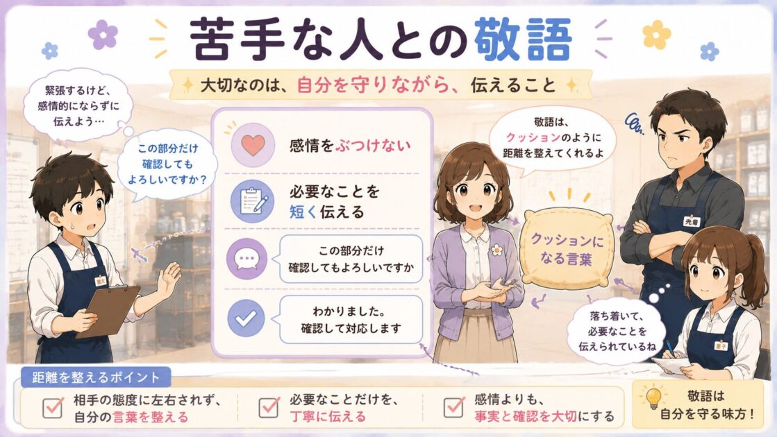 苦手な人との会話で距離を整える敬語の使い方を示した図