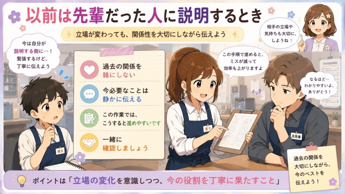 以前は先輩だった人に自分が説明する側になったときの敬語を示した図