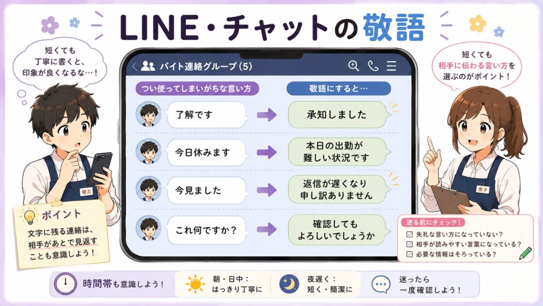 バイト先のLINEやチャットで短くても雑に見えない敬語表現を示した図