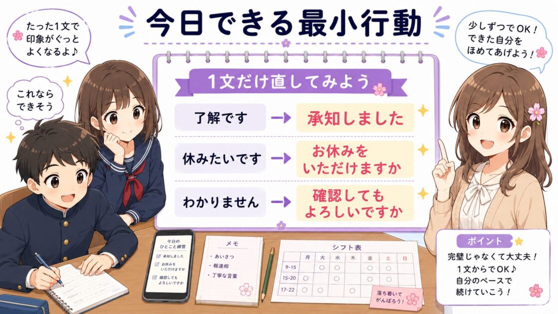 バイト先で使う敬語を一文だけ自然な言い方に直す最小行動シート