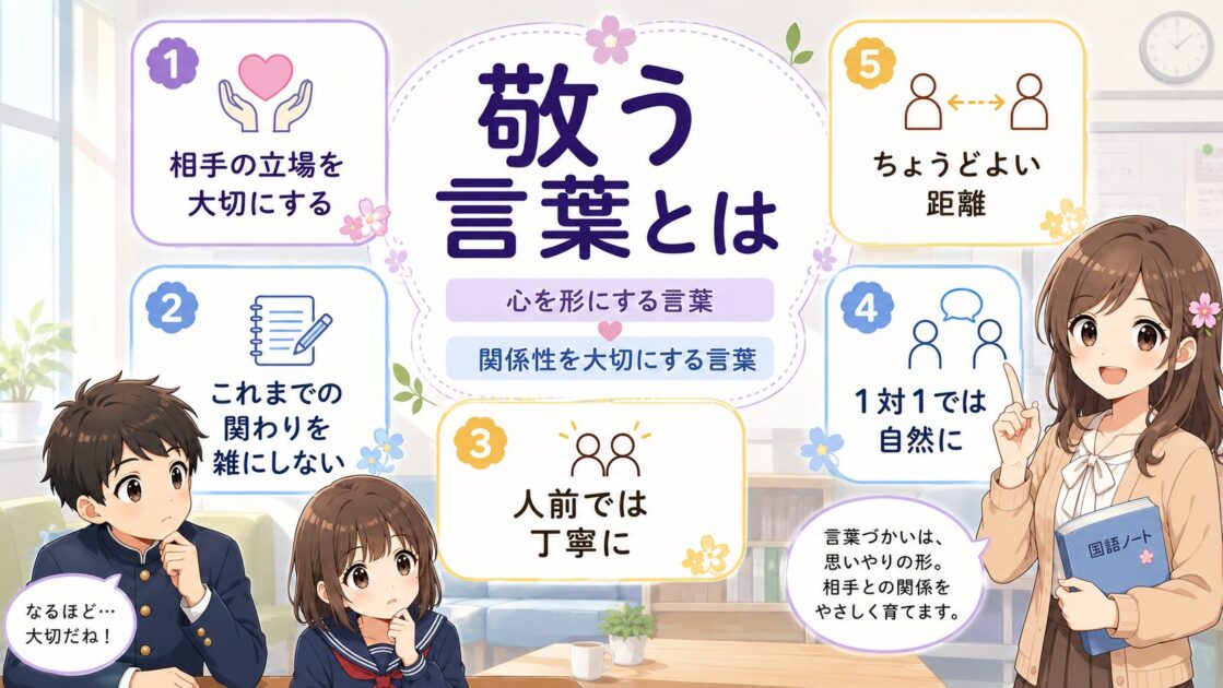 敬語は相手の立場やこれまでの関わりを大切にする言葉だと示す図