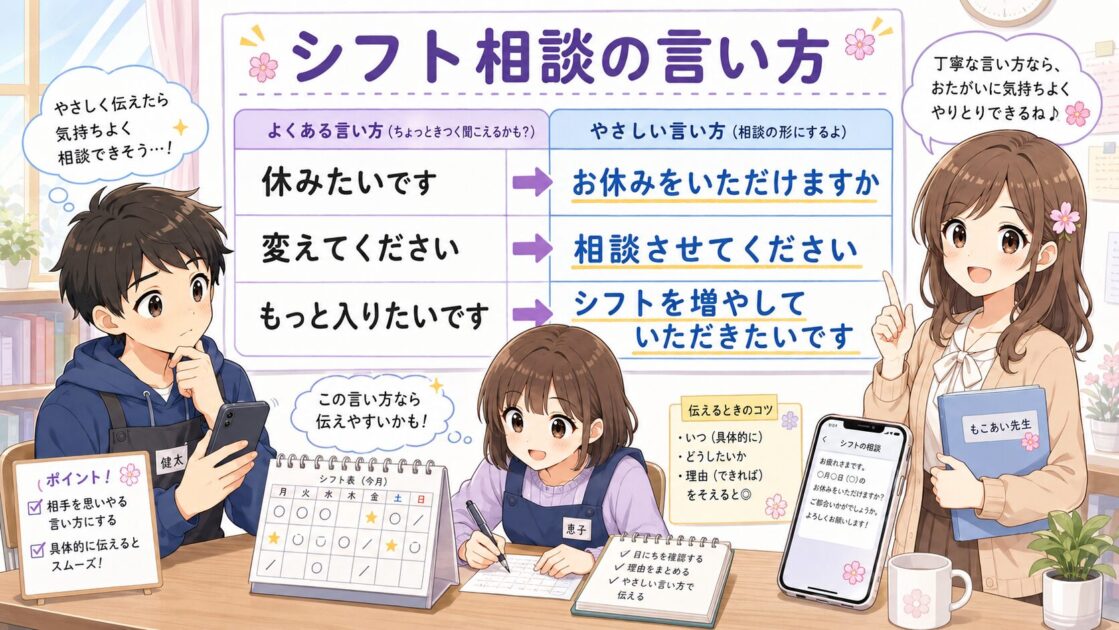 バイト先でシフト相談をするときの自然な敬語表現を示した図
