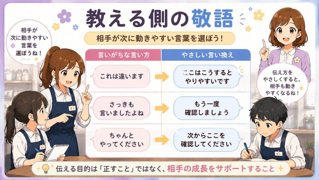 バイトで自分が教える側になったときの新人や後輩への自然な言い方を示した図