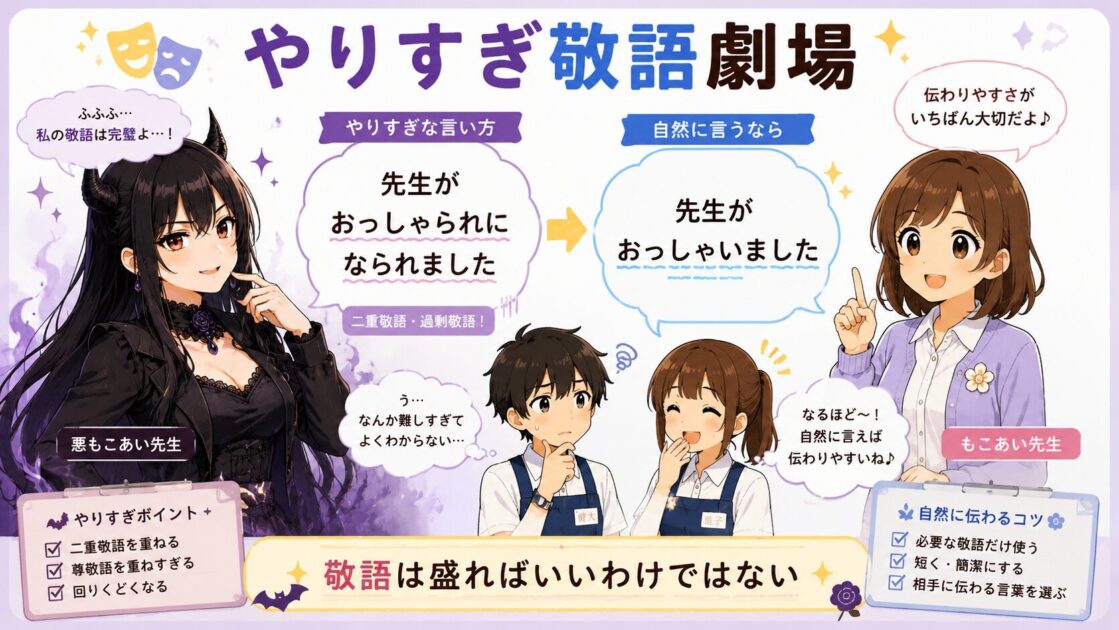 悪もこあい先生が敬語を重ねすぎてしまいもこあい先生が自然な言い方を説明する図