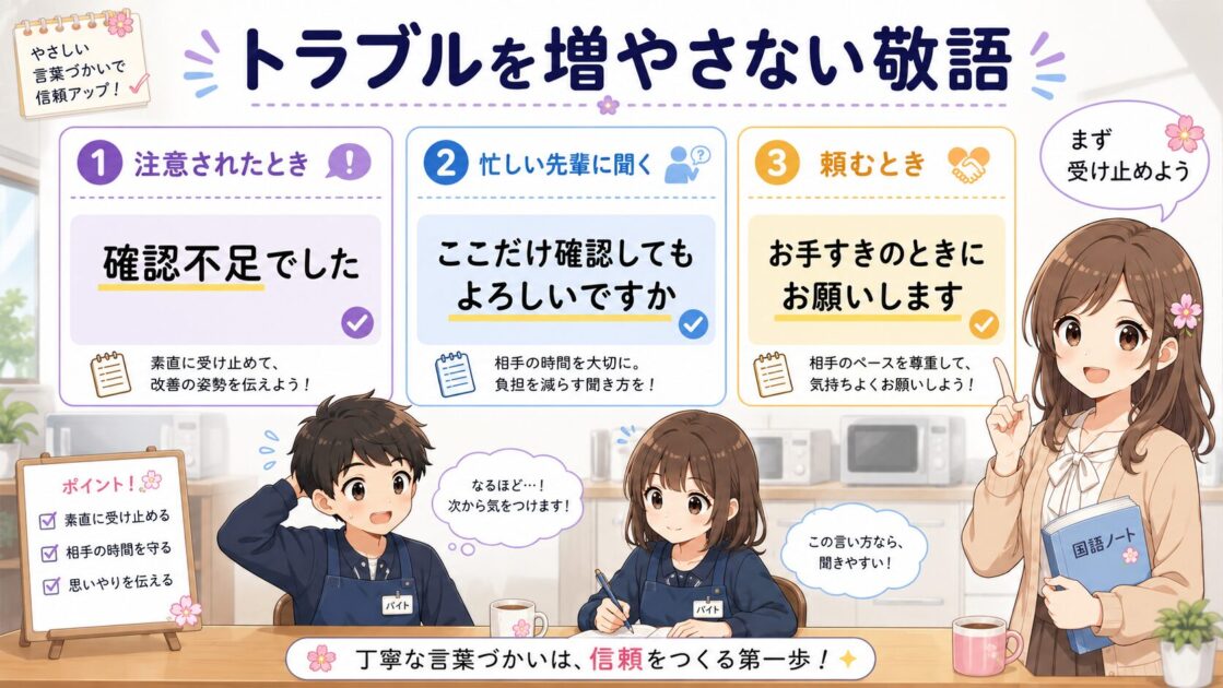 注意されたときや質問するときにトラブルを増やさない敬語の言い換えを示す表