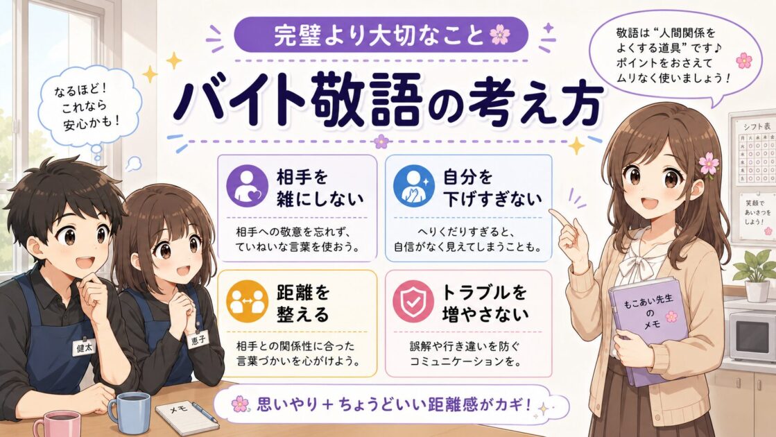 バイト先の敬語は完璧よりトラブルを増やさないことが大切だと示す全体マップ