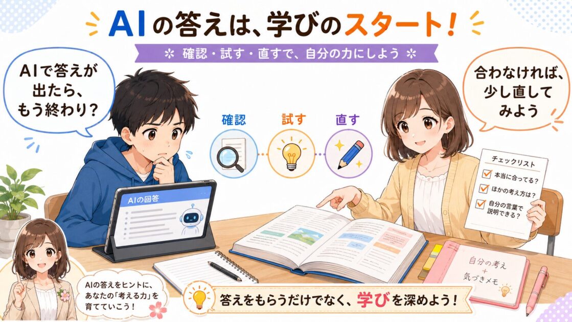 Google検索のAI回答を見た健太が、答えが出たらもう終わりかと問い、恵子が事実は確認し工夫は小さく試して直すことを伝える会話イラスト