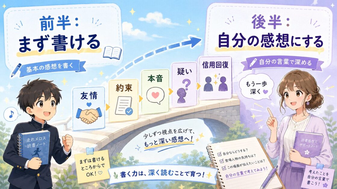 走れメロスの感想文を基本編から発展編へ深める流れを示した図